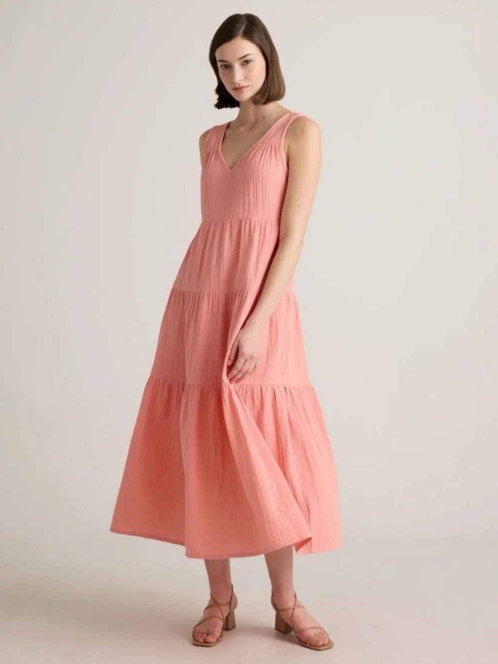 Quince Organic Cotton, Coral Pink Sleeveless V-Neck Tiered Maxi Dress